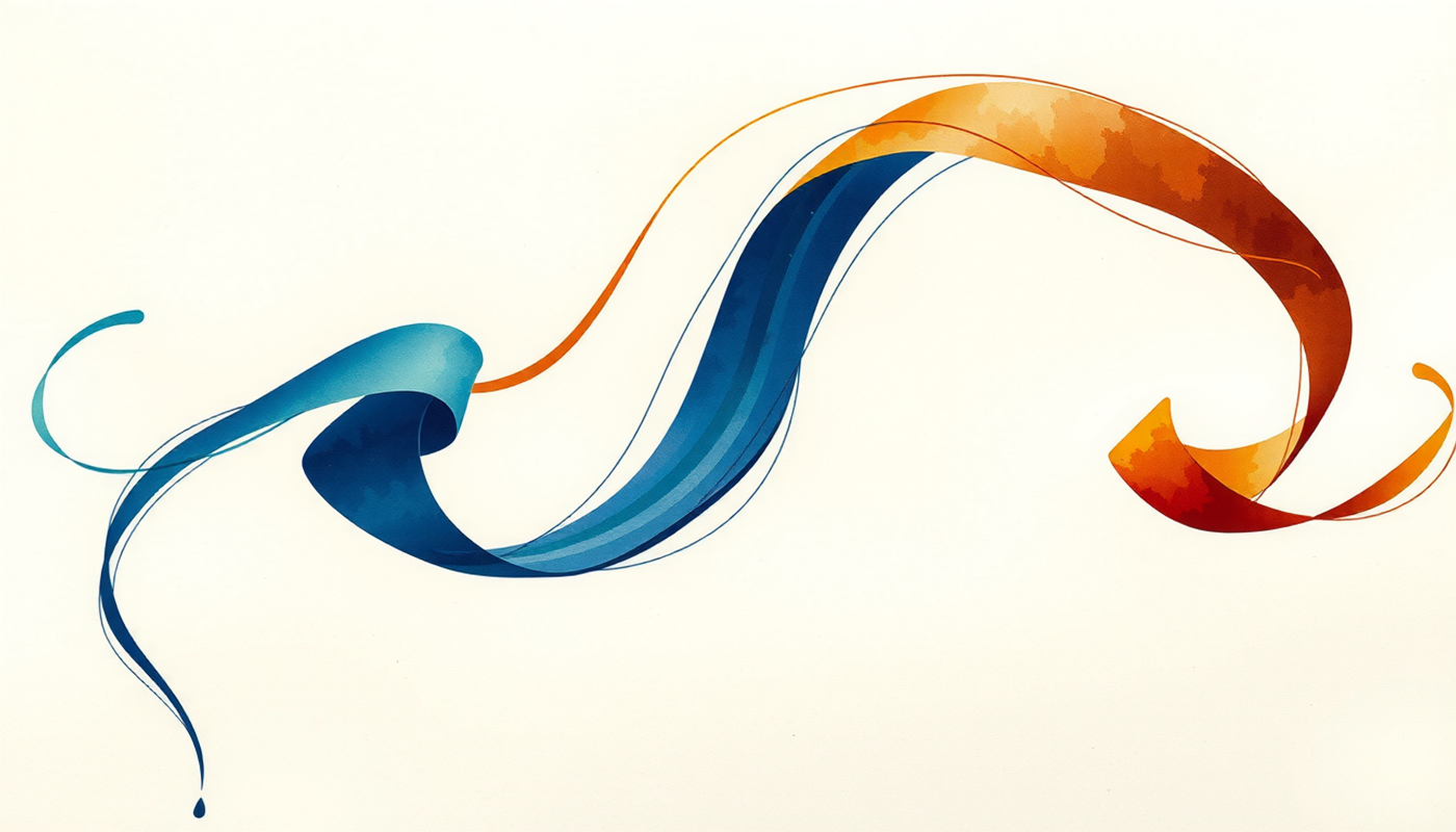 Intertwined indigo and amber circuit pathways with connecting threads.