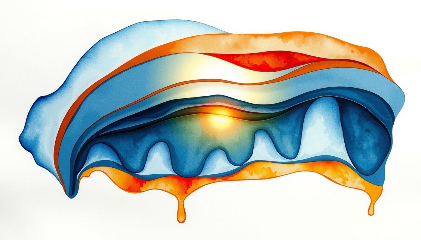 Translucent layered cortical tissue with warm amber and deep indigo gradients.