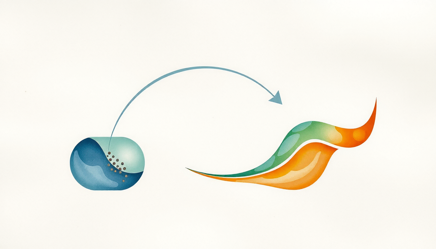 Schematic cycle diagram with container and waveform in muted colors.