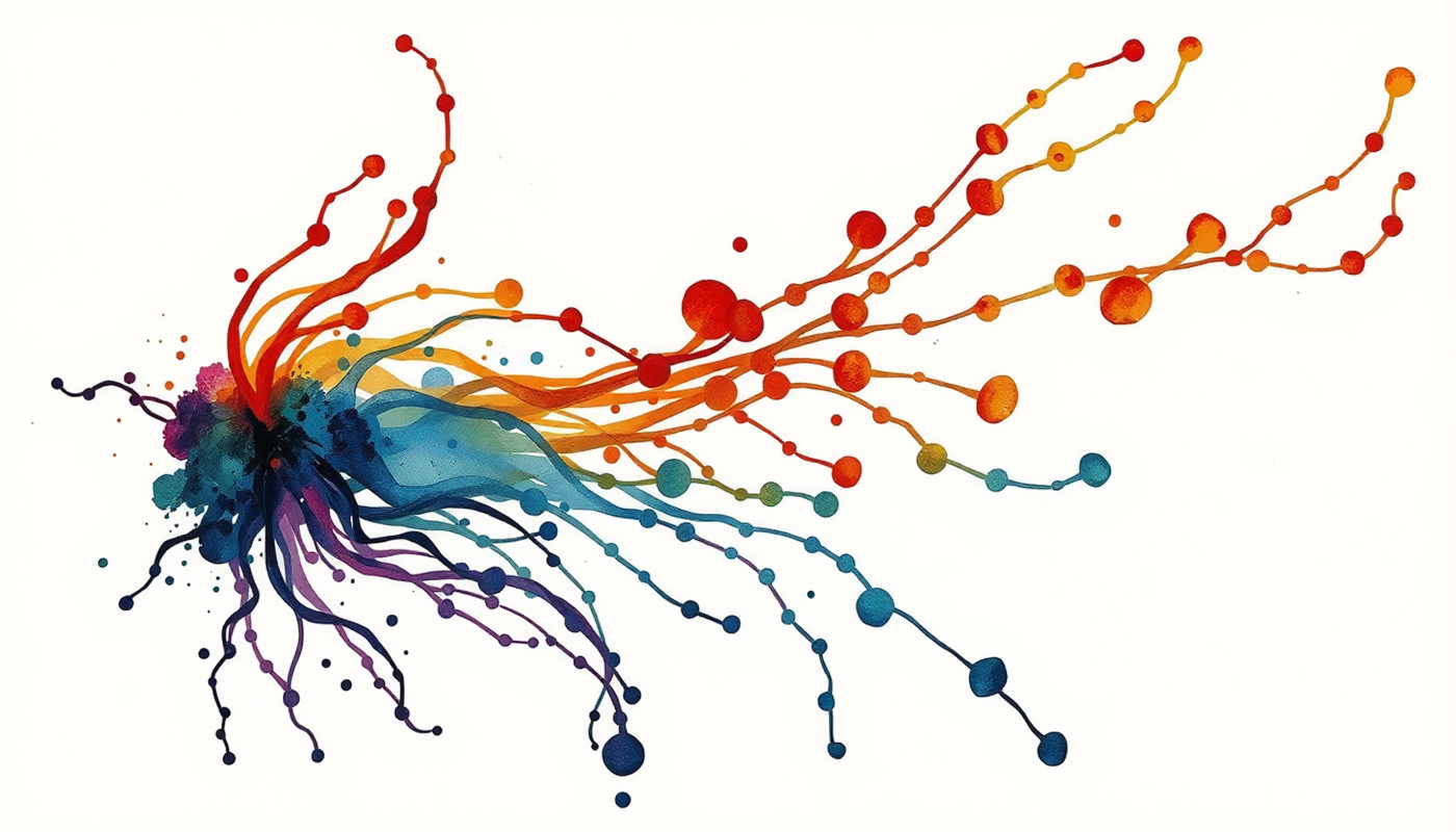 Translucent glass fibres in vibrant colors against a dark background.