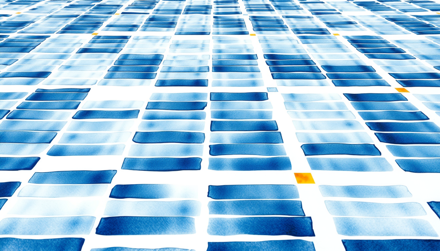 Abstract composition of glowing blue rectangles with one amber accent.