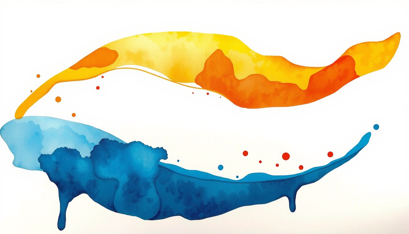 Mirrored curves in amber and blue on a pale slate background.