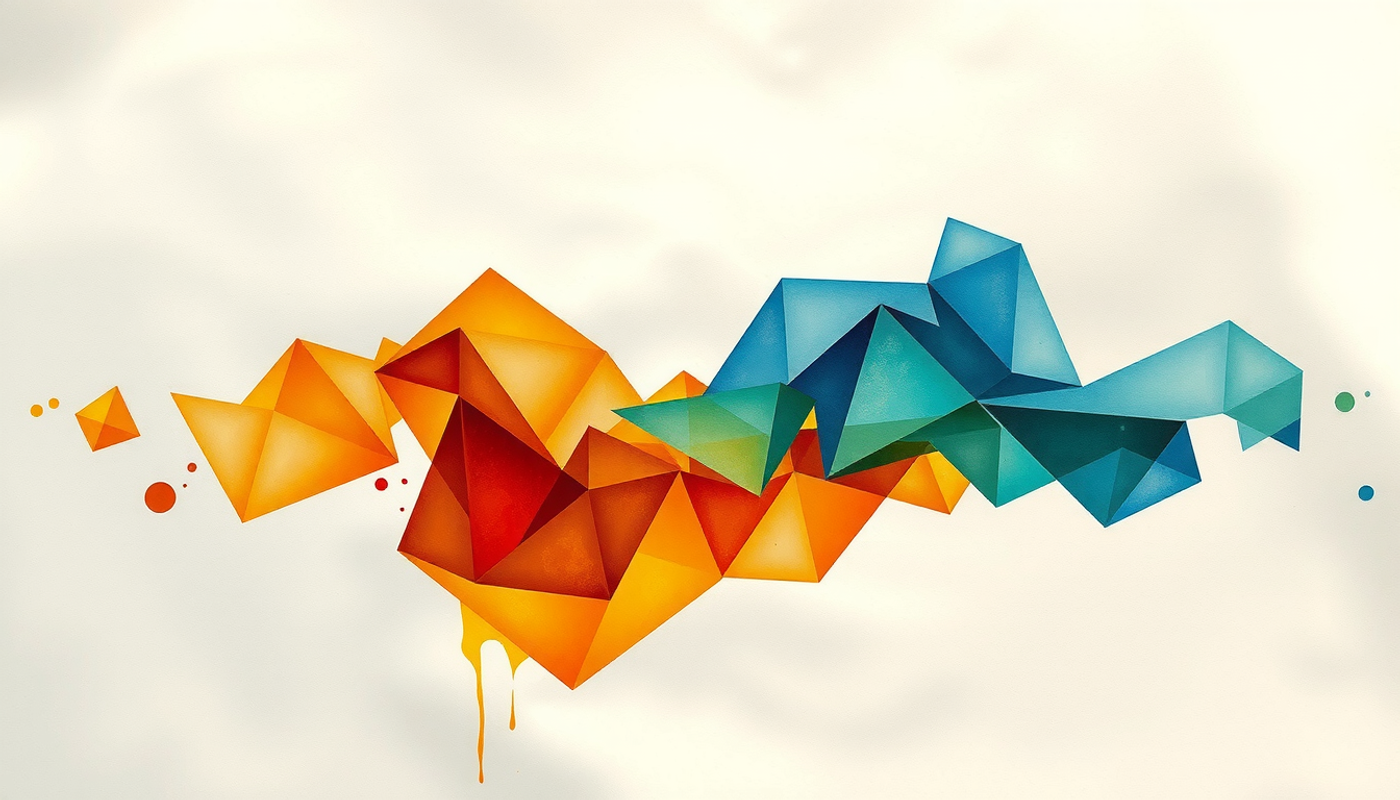 Translucent geometric point clouds separating with warm gold and cool cyan.