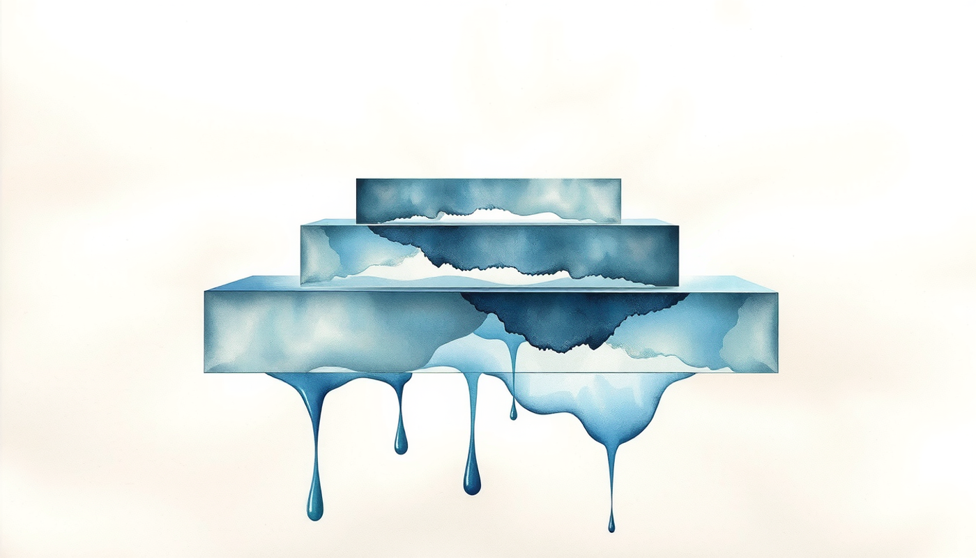Translucent pale blue glass planes stacked in dark space with soft light.