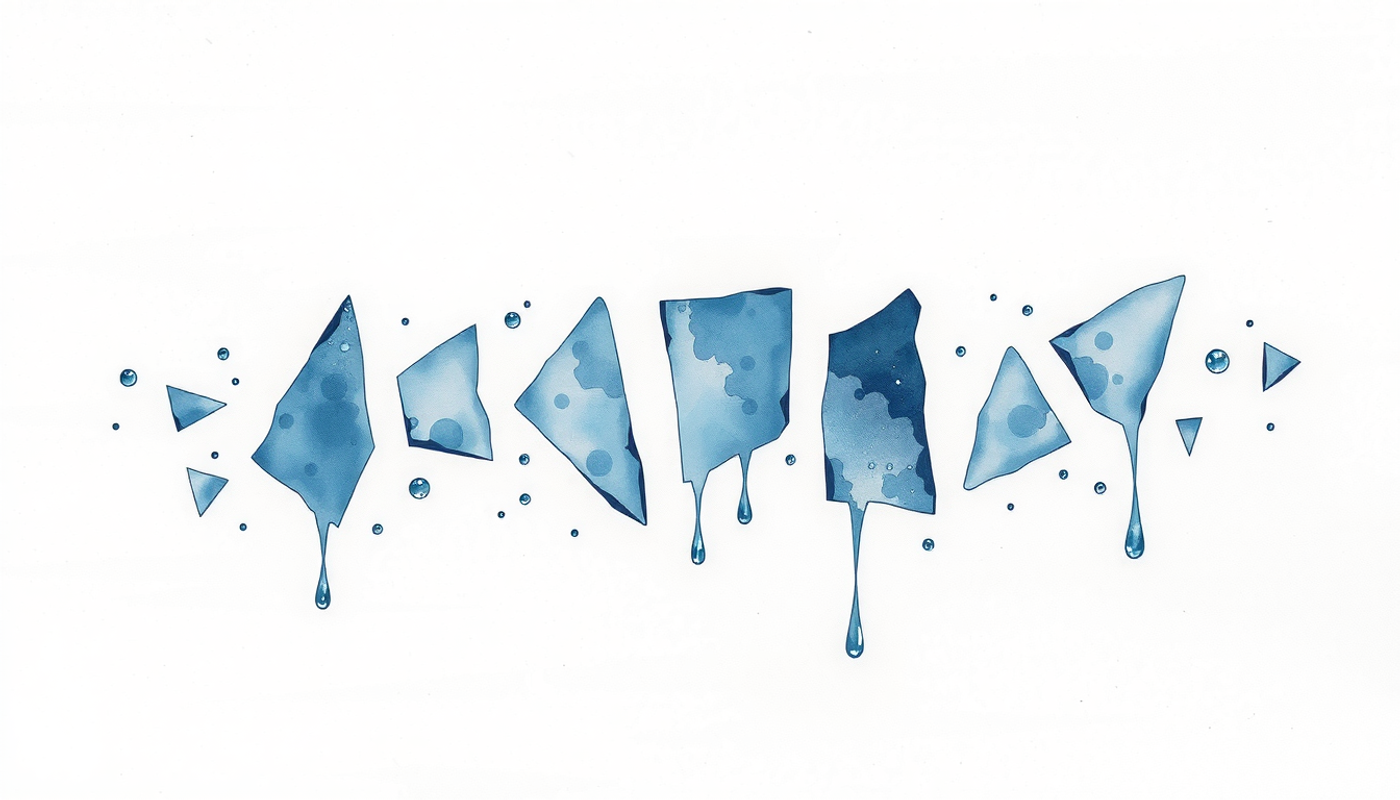 Fractured pale blue glass shards reassembling on a dark background.