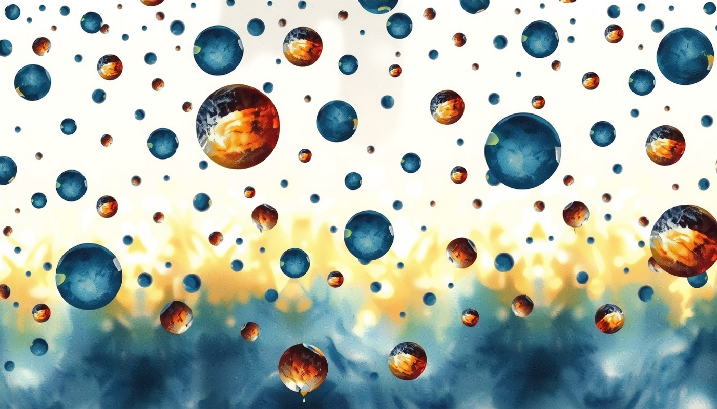 Suspended glass spheres in dark space, glowing with faint blue-white light.