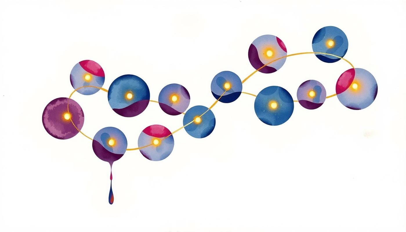 Vertical chain of glowing waypoints in indigo violet and pale gold.
