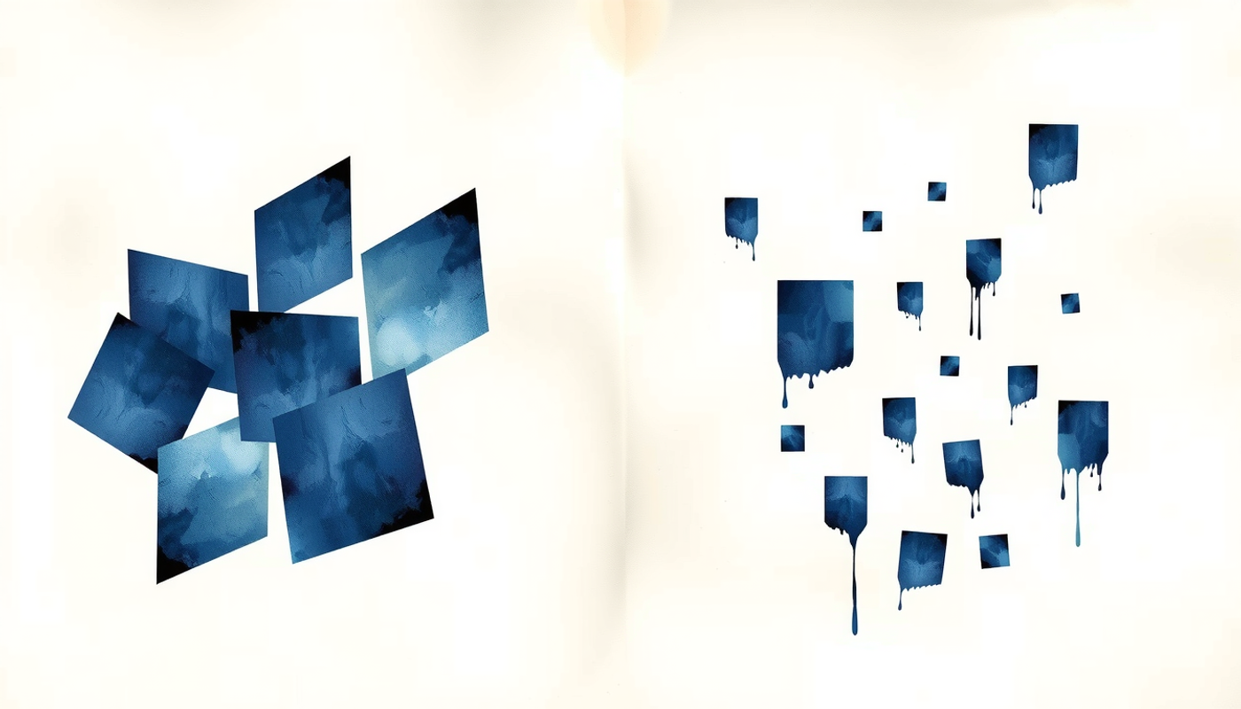Abstract shapes in glowing indigo clusters versus dim, unconnected forms.