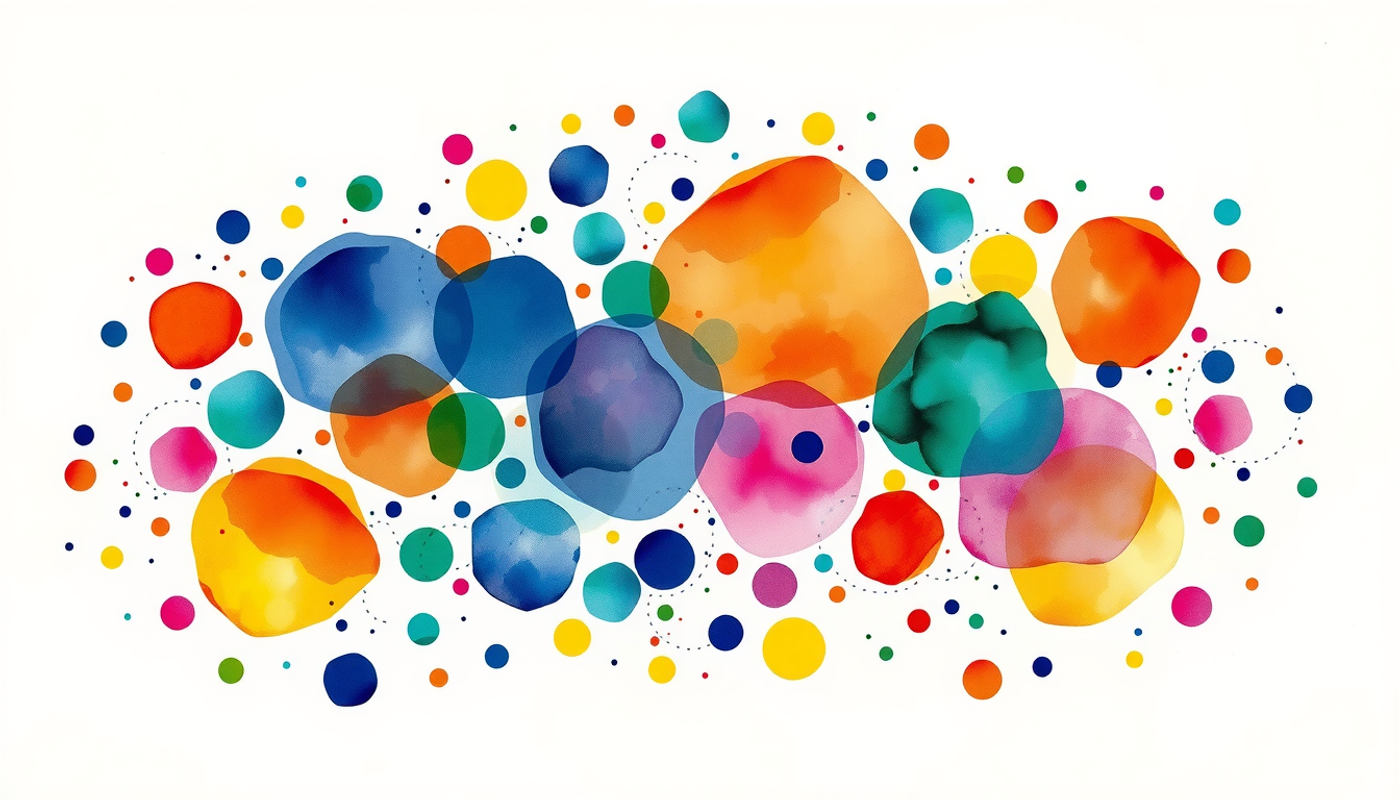 Abstract luminous dots in jewel tones clustered on black background.