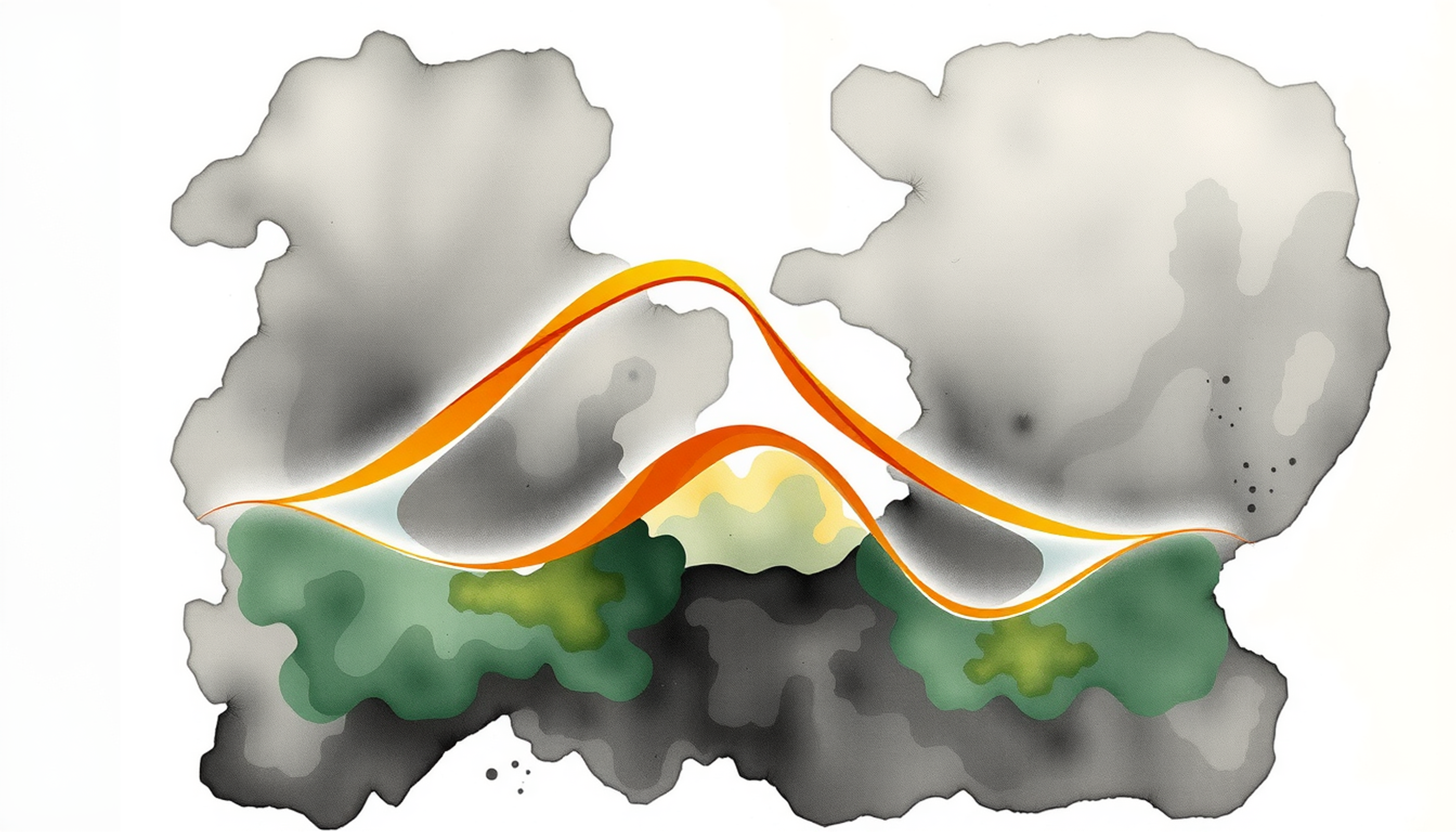 Luminous ribbon in amber and pale green over dark charcoal background.