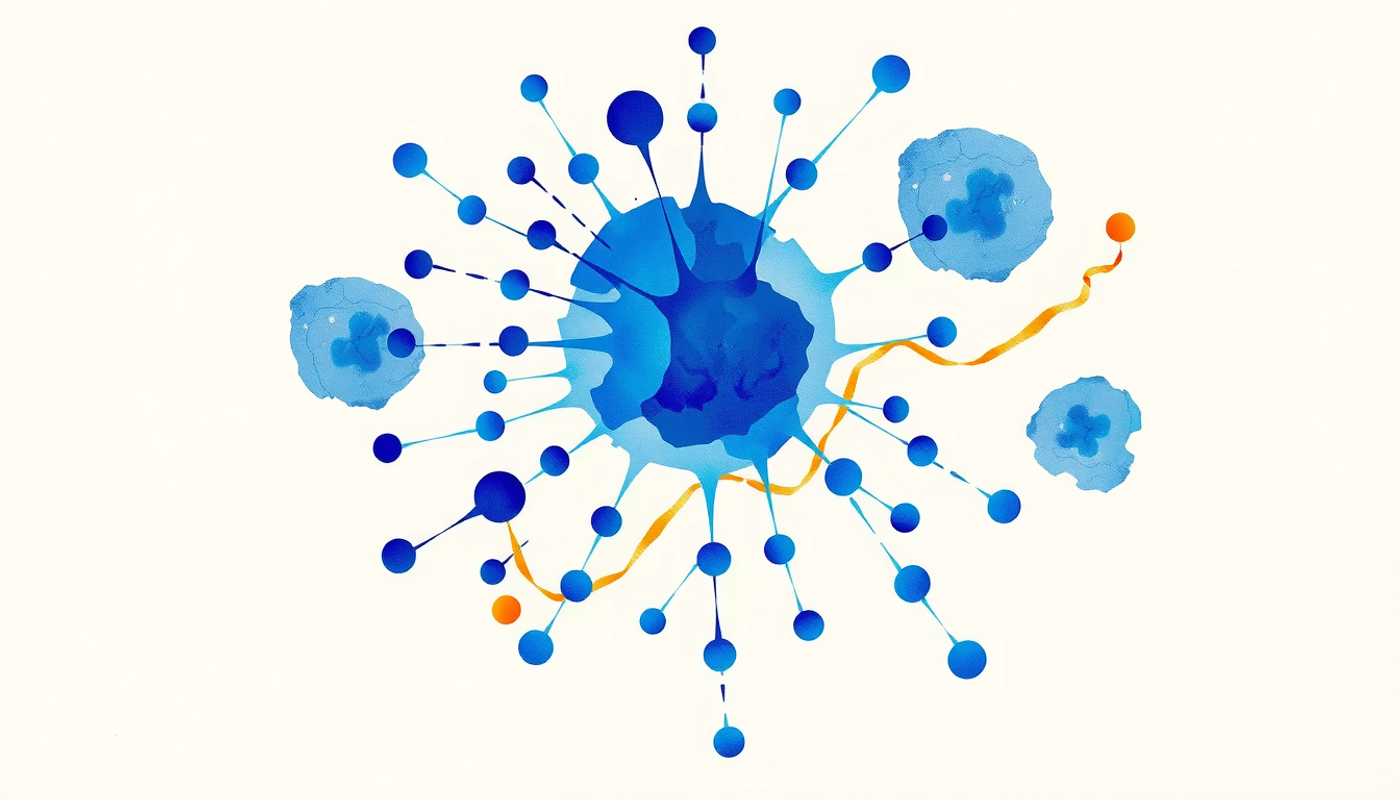 Abstract map with central hub, branching indigo paths, and amber node.