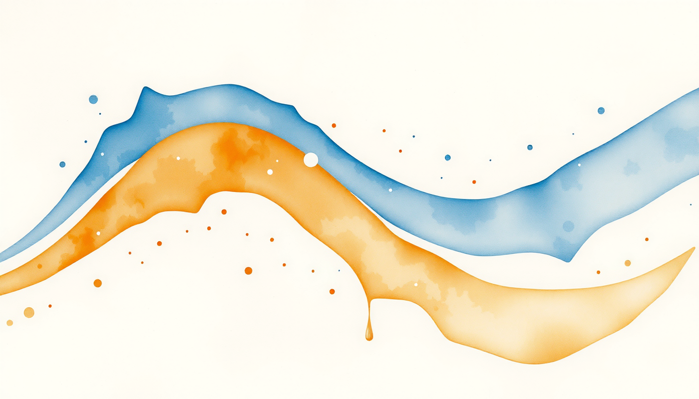 Overlapping indigo and amber curves on dark background with data points.