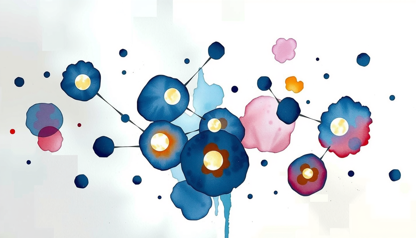 Abstract network of glowing nodes in luminous bubbles on dark background.