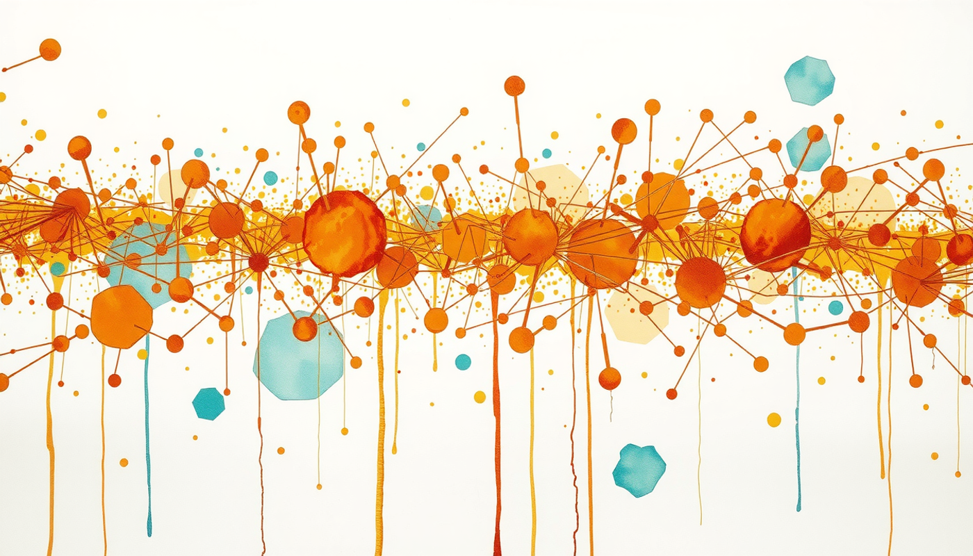 Vast glowing network of nodes forming amber clusters in dark space.
