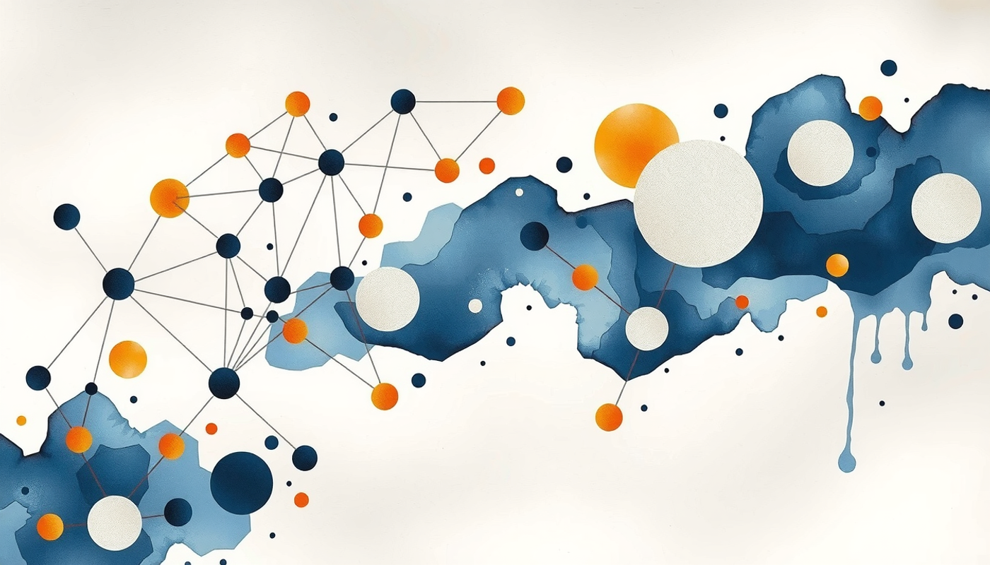 Free-floating silver nodes connected by thin lines on navy background.
