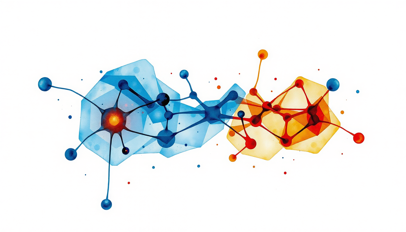 Overlapping translucent networks of glowing nodes in deep blue and amber.