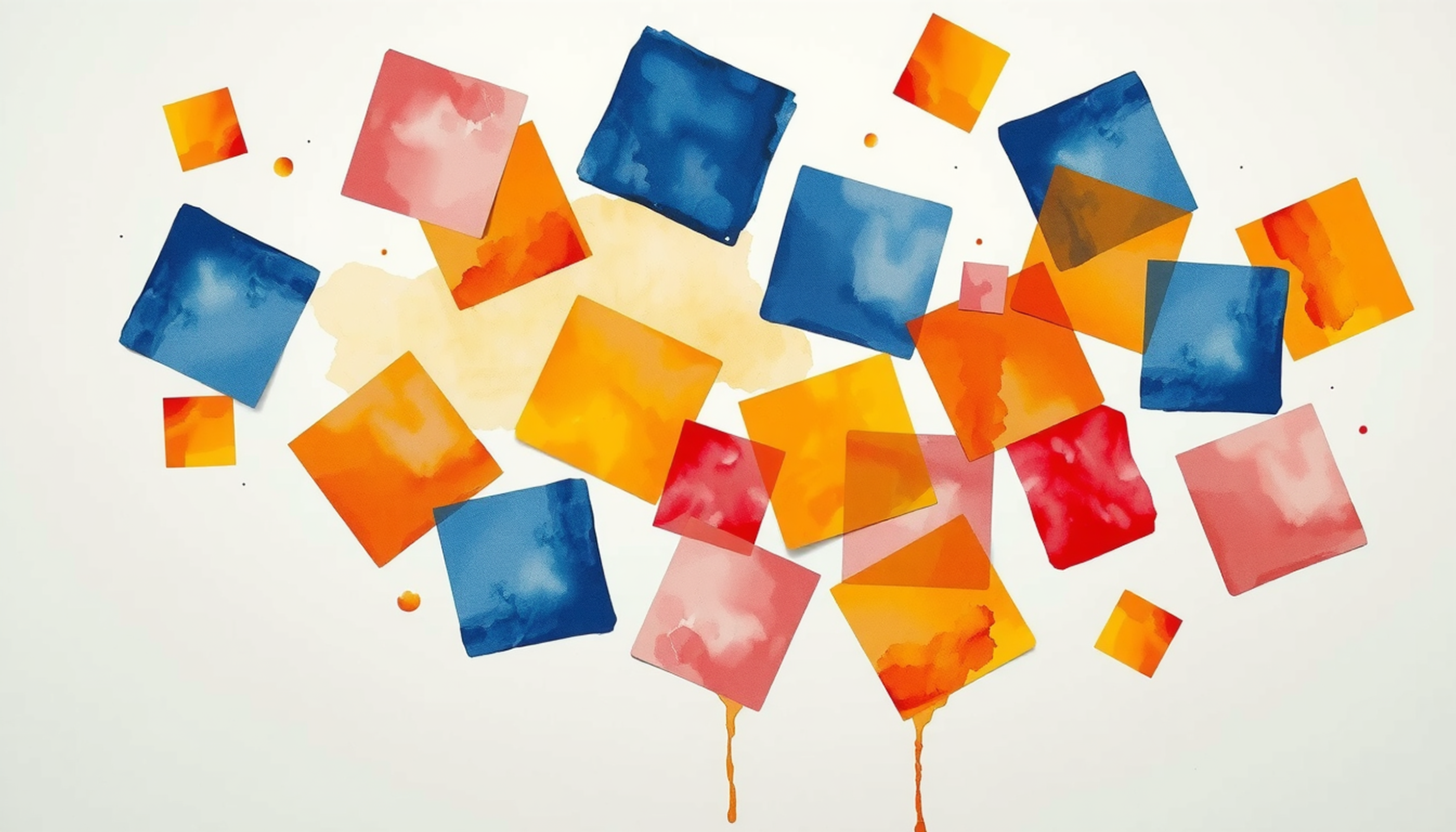 Colorful matte paper squares scattered on a pale grey surface.