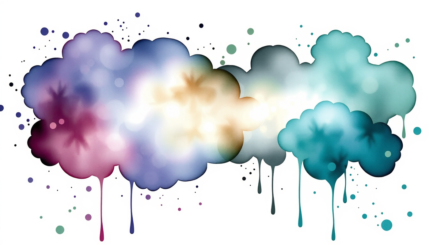 Overlapping violet and teal clouds blending into grey-green on dark background.