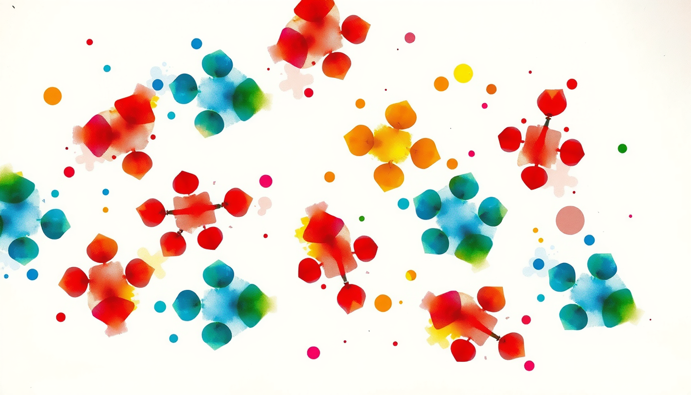 Colorful playing cards with geometric shapes scattered on a dark surface.