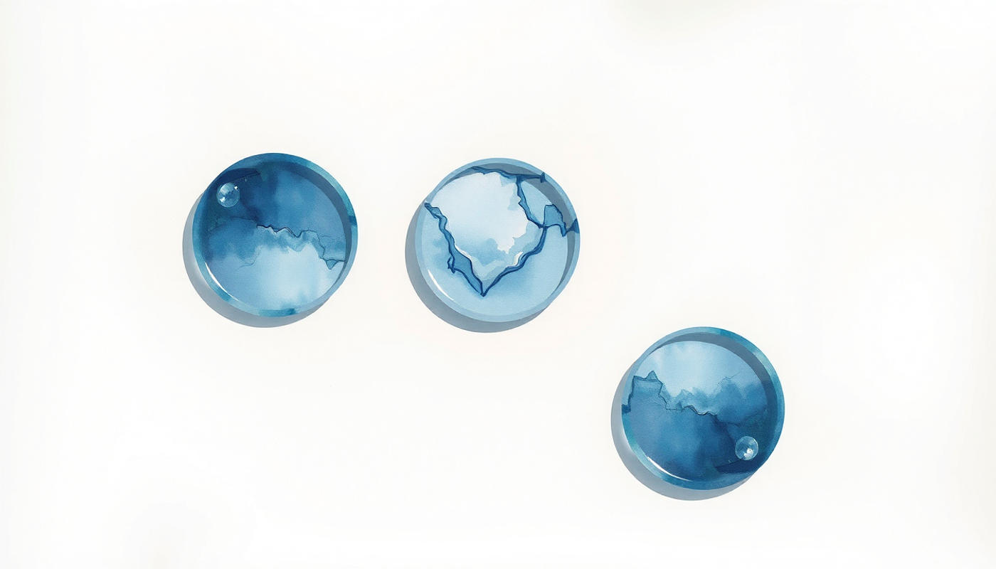 Three shallow circular pools with indigo patterns on a pale surface.