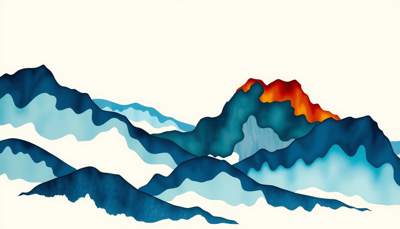 Three-dimensional abstract surface with flowing ridges and a luminous amber peak.