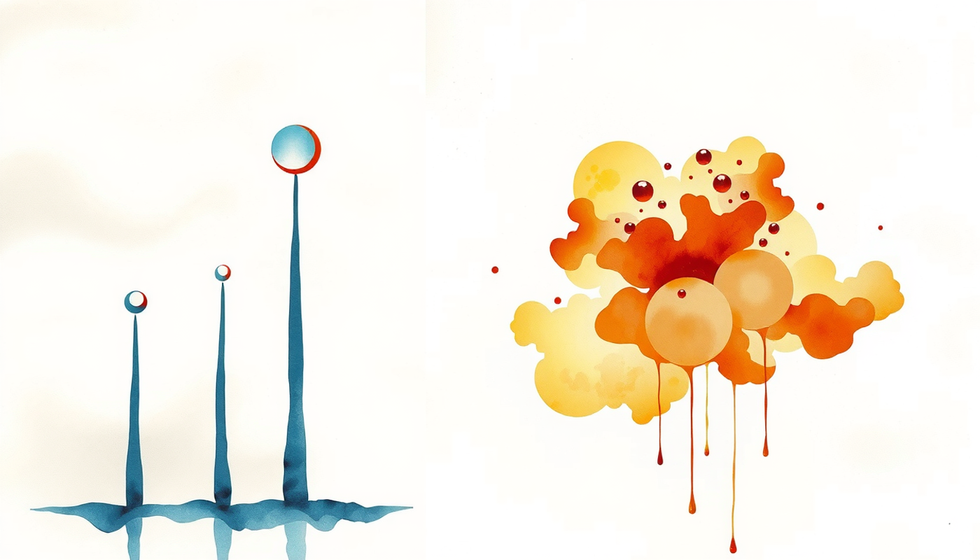 Abstract mechanisms: indigo rods with spheres and amber light cloud.