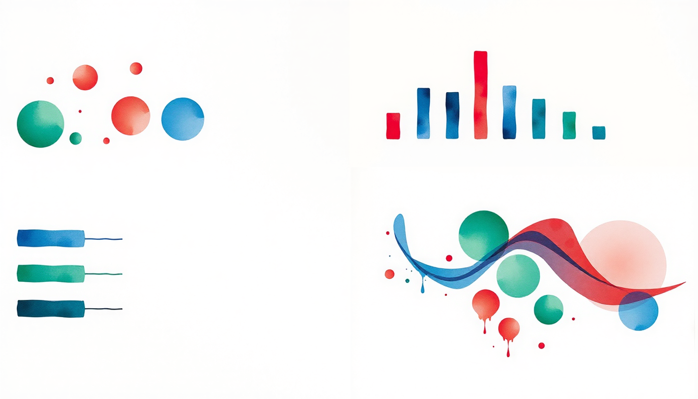 Four abstract panels depicting visual metaphors for interference in colored tokens.