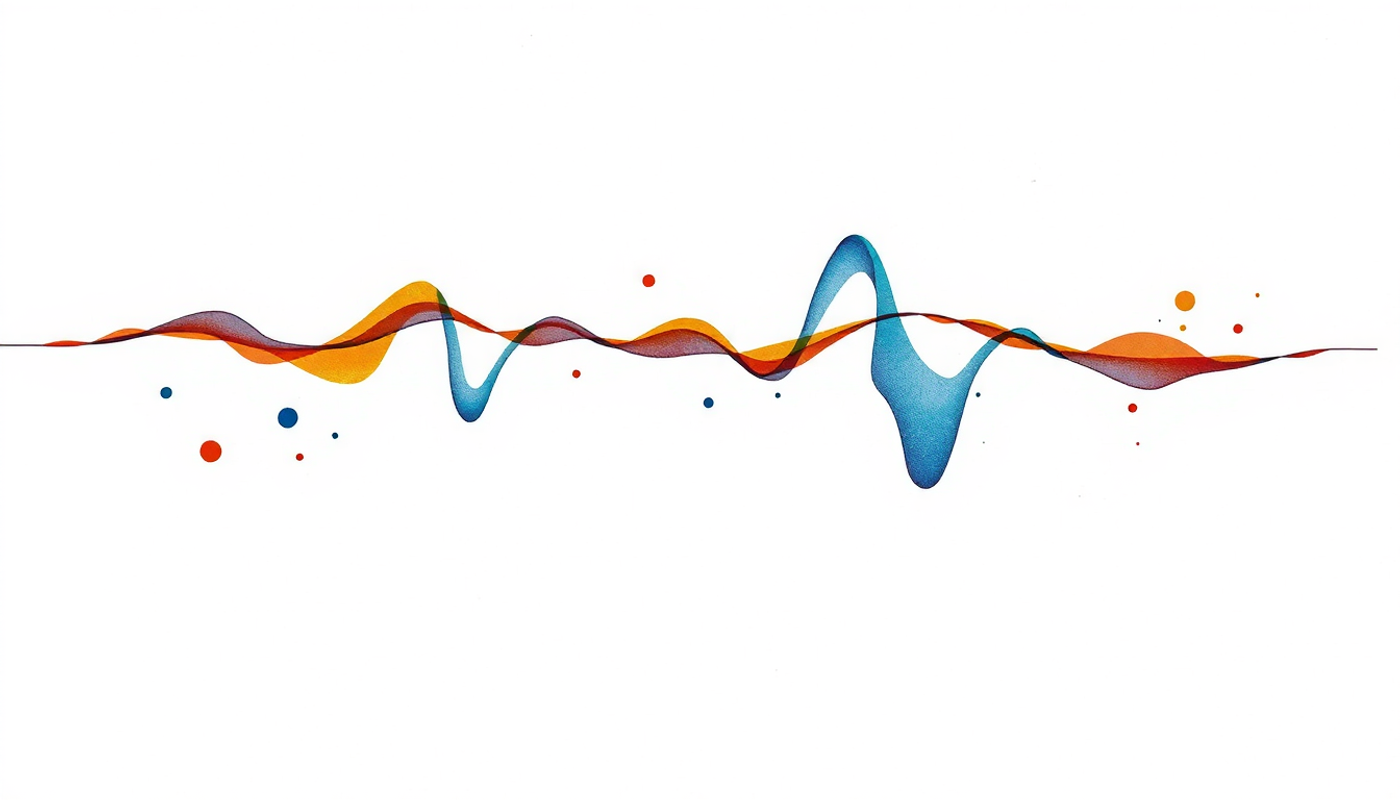 Abstract sound wave visualization with parallel amber and indigo traces.