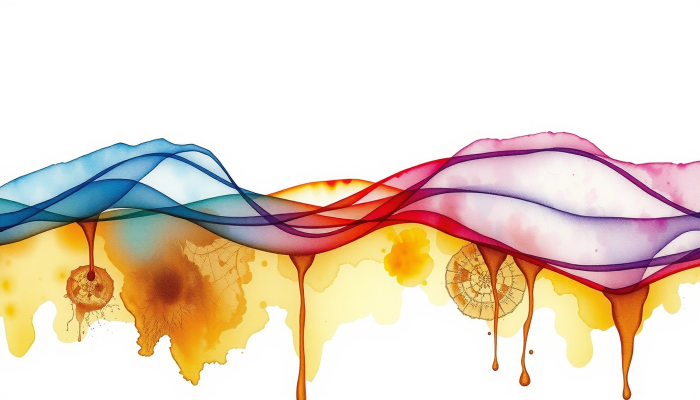 Abstract watercolor of textured stone blending into violet and blue ribbons.