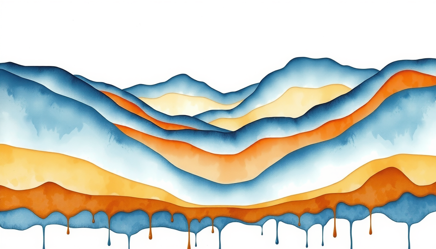Abstract topographic valley with indigo contours and amber light pools.