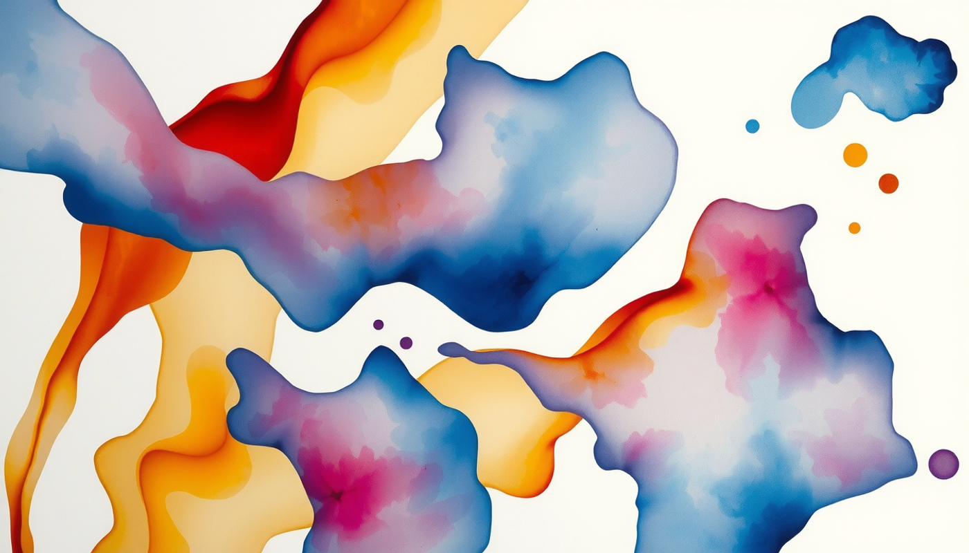 Overlapping translucent color fields in indigo, amber, and teal.