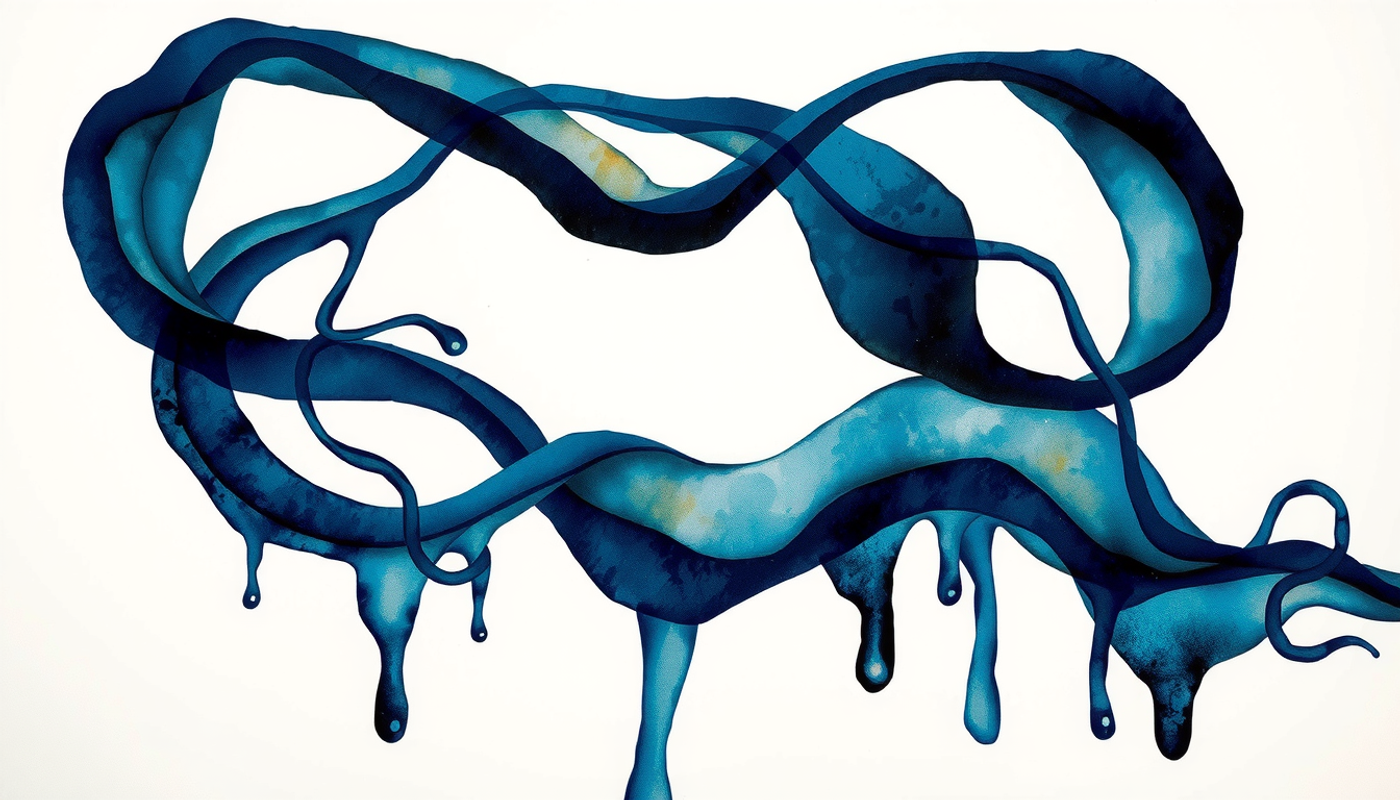 Soft branching channels with luminous blue fluid in deep indigo hues.