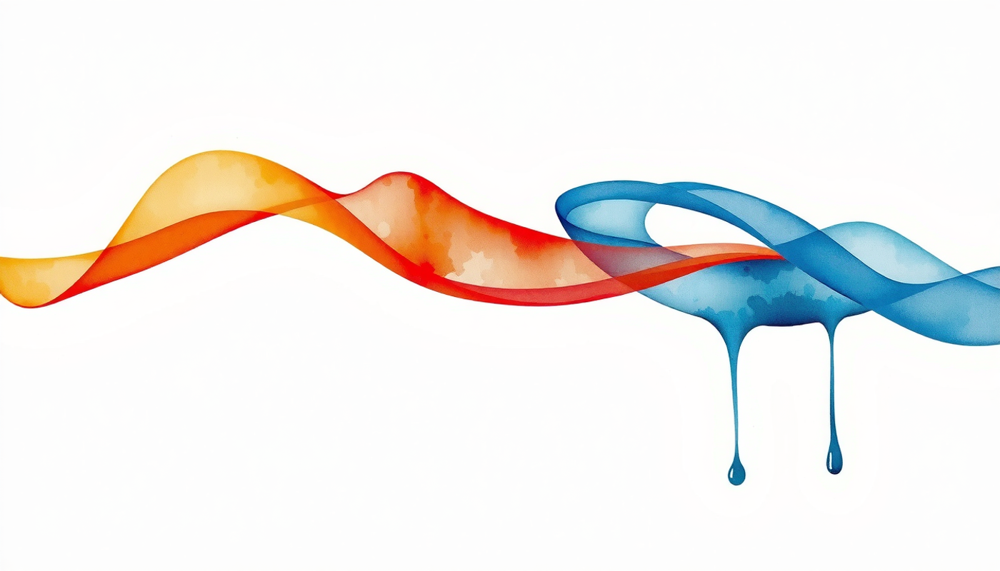Translucent waveforms in amber and indigo flowing against charcoal background.