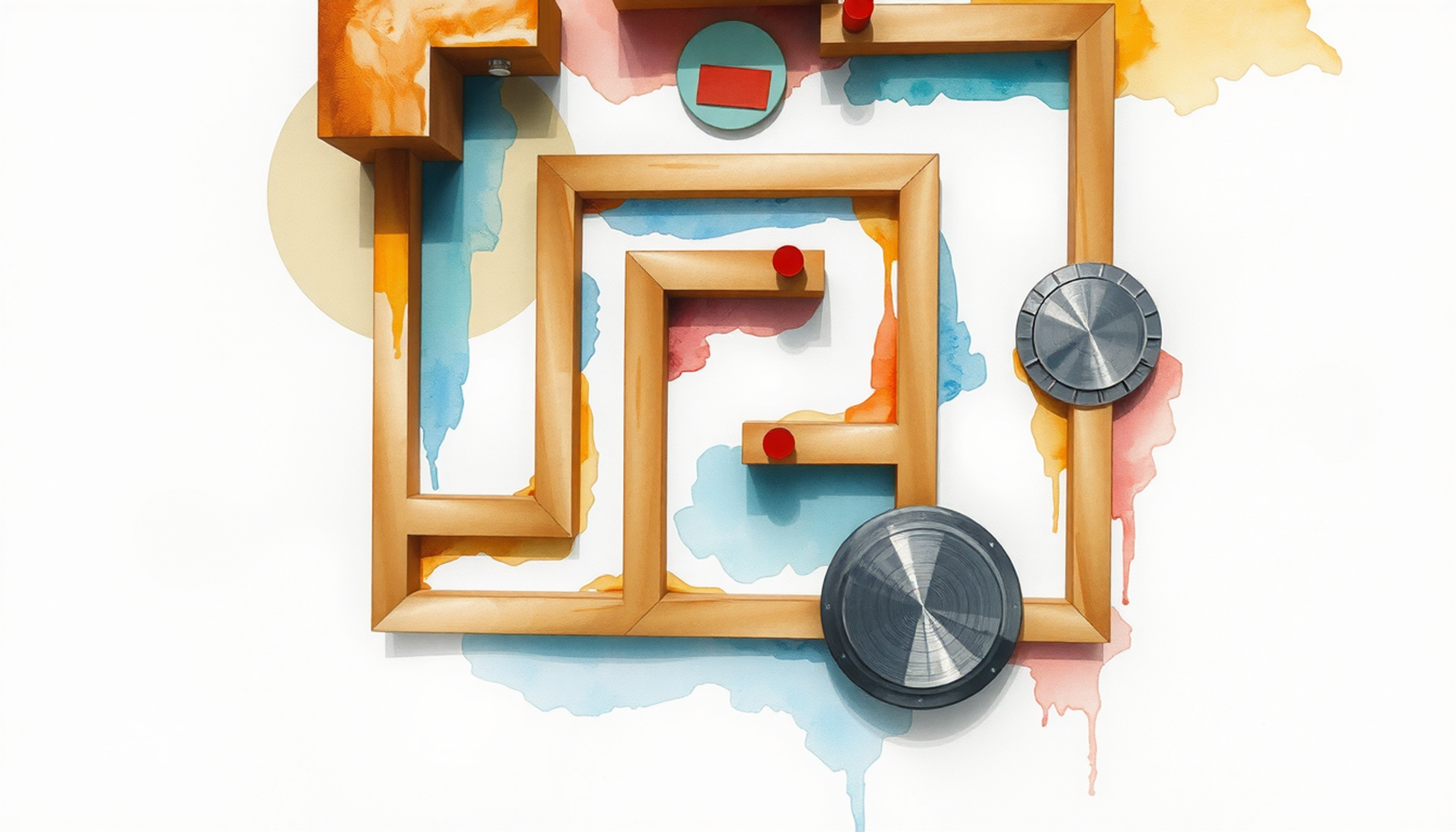 Empty wooden maze with geometric blocks and a metal disc.