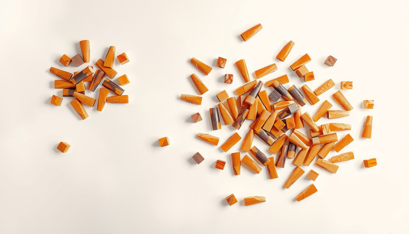 Scattered wooden pegs on a worn plywood workbench.
