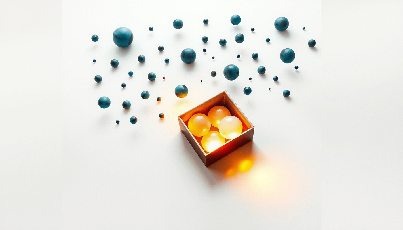 Glowing container holding four orbs, anatomical shapes blocked outside.