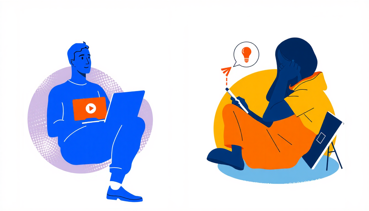 Student engaging with AI flashcards versus watching a lecture online.