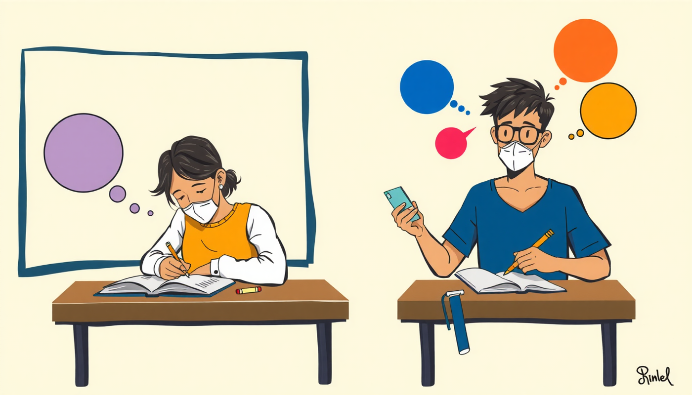 Side-by-side study scenarios: passive rereading vs. active recall with flashcards.