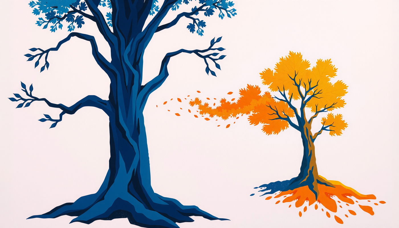 Abstract forest scene with strong trees and golden particles symbolizing adaptive forgetting.