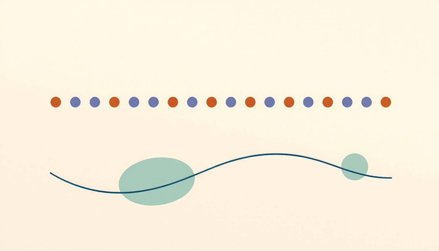 Stylized algorithm paths in blue and orange on white background.