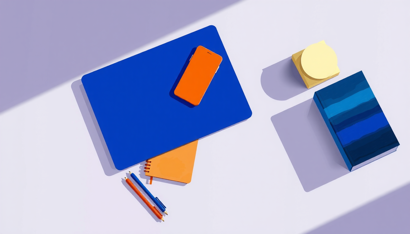Aerial view of a minimalist desk with organized office supplies.