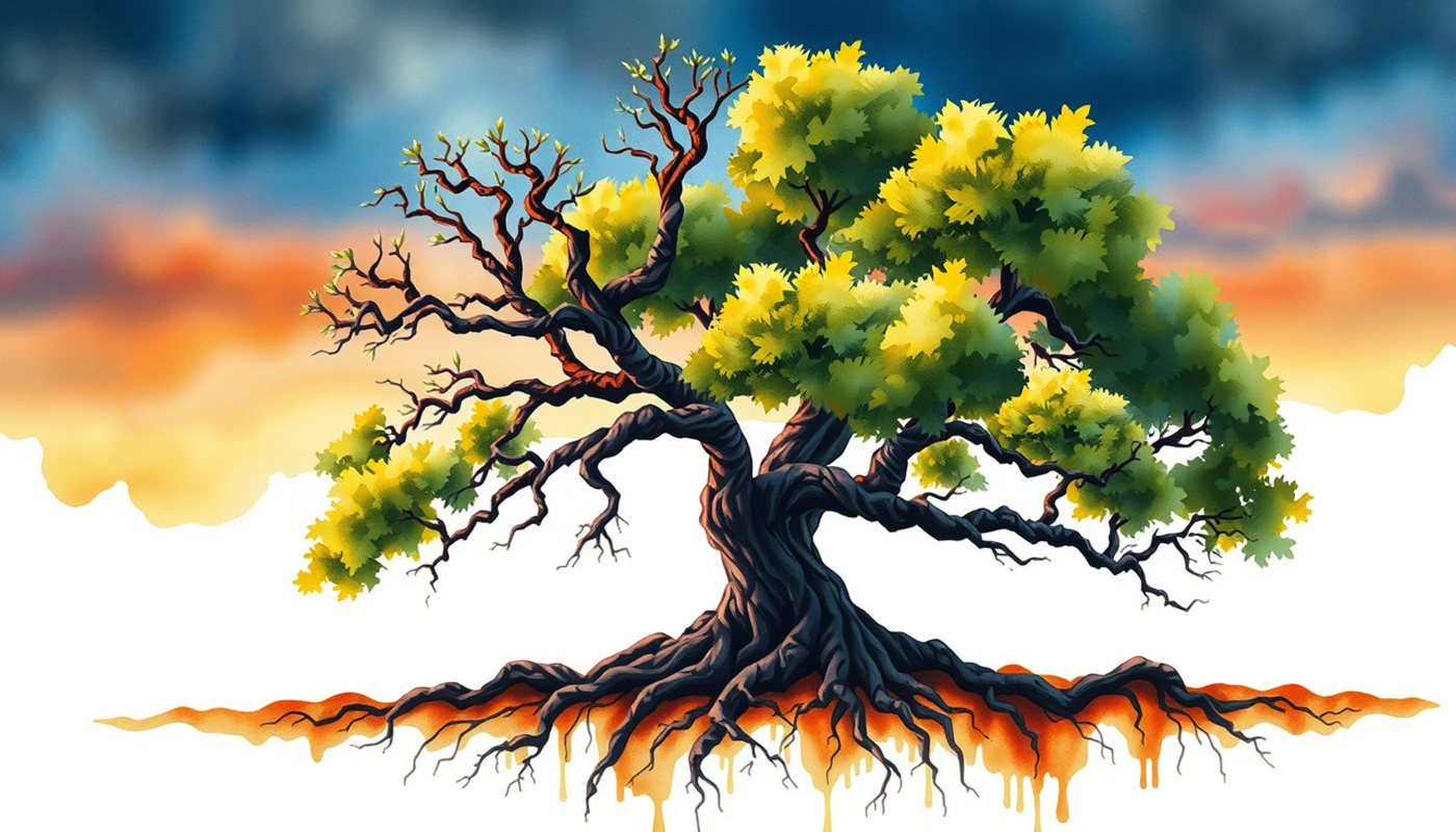 Aged oak tree at twilight with glowing roots and blooming branches.