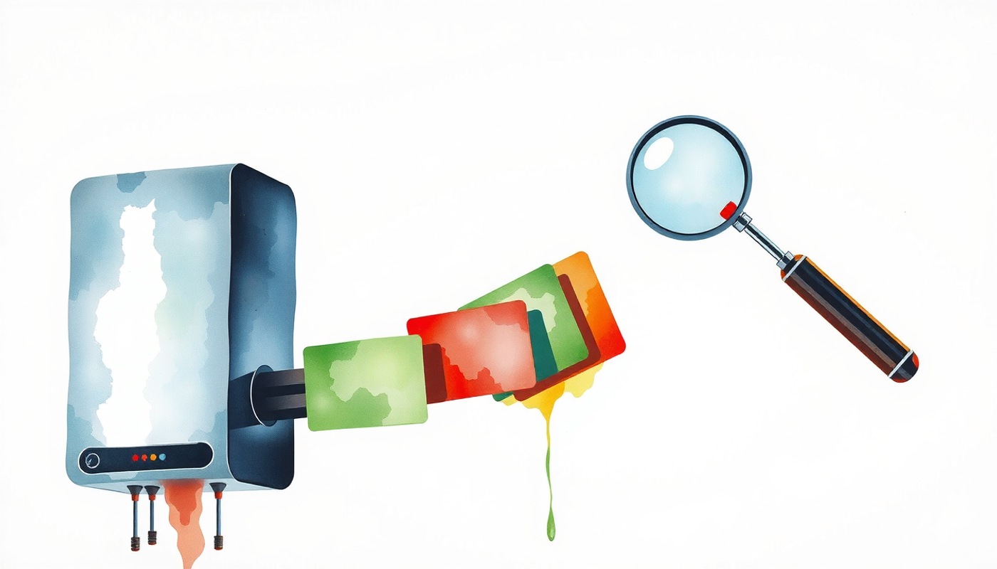 Conveyor belt producing flashcards with quality review magnifying glass.