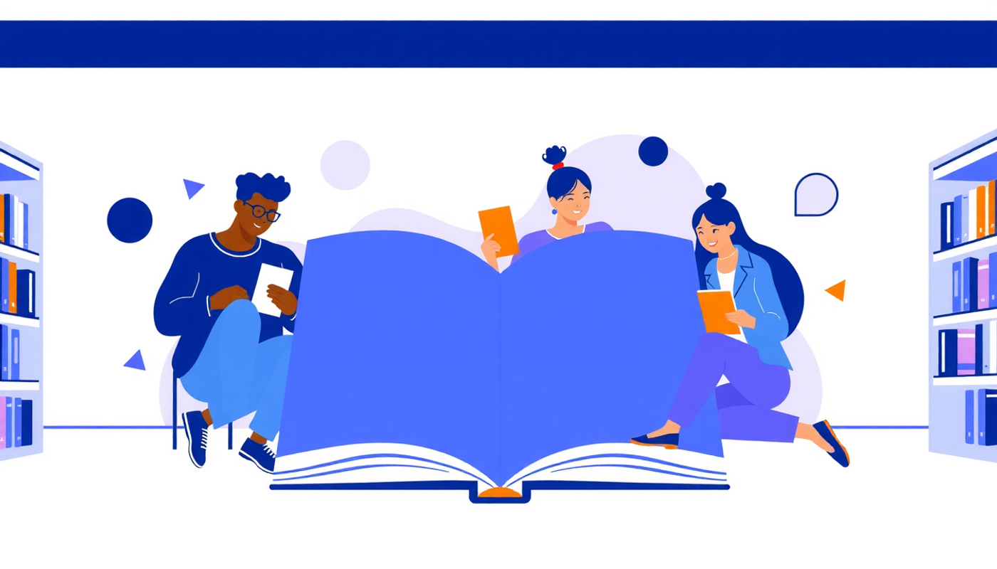 Diverse students studying together in a bright, modern library.