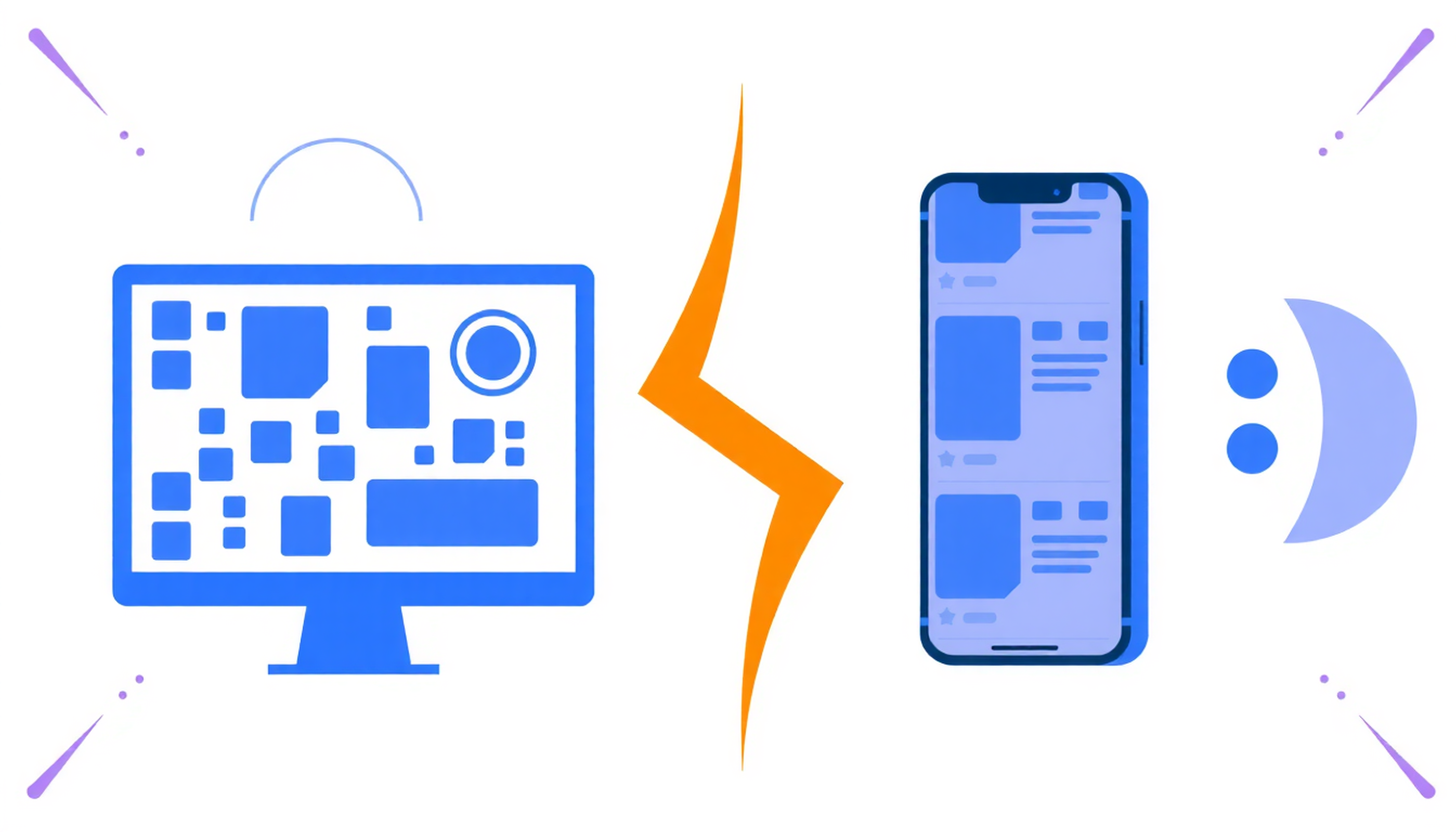 Outdated desktop interface versus modern mobile app design in soft tones.