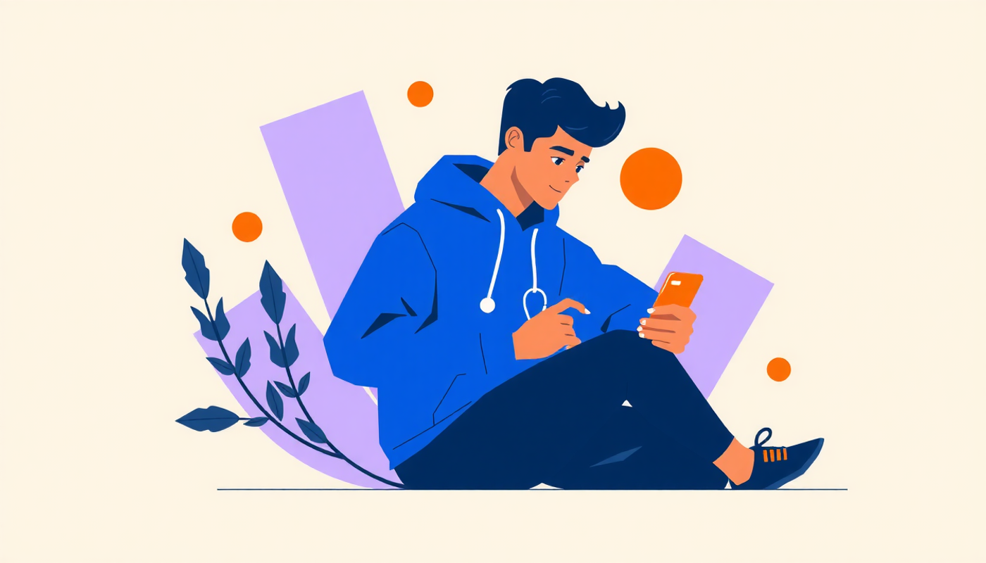 Happy pre-med student studying on phone in cozy coffee shop.