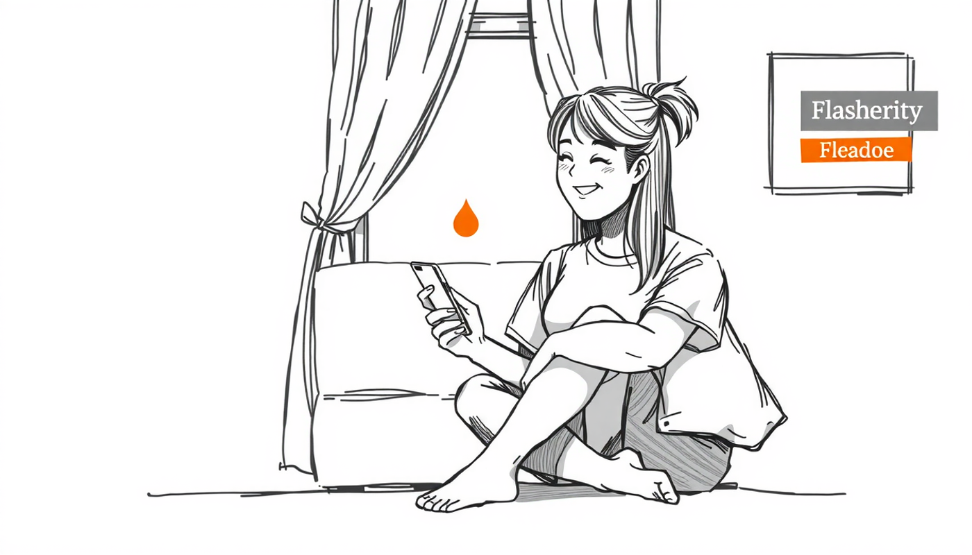 دانش‌آموز خوشحال در خانه با گوشی موبایل فلش کارت مرور می‌کند.