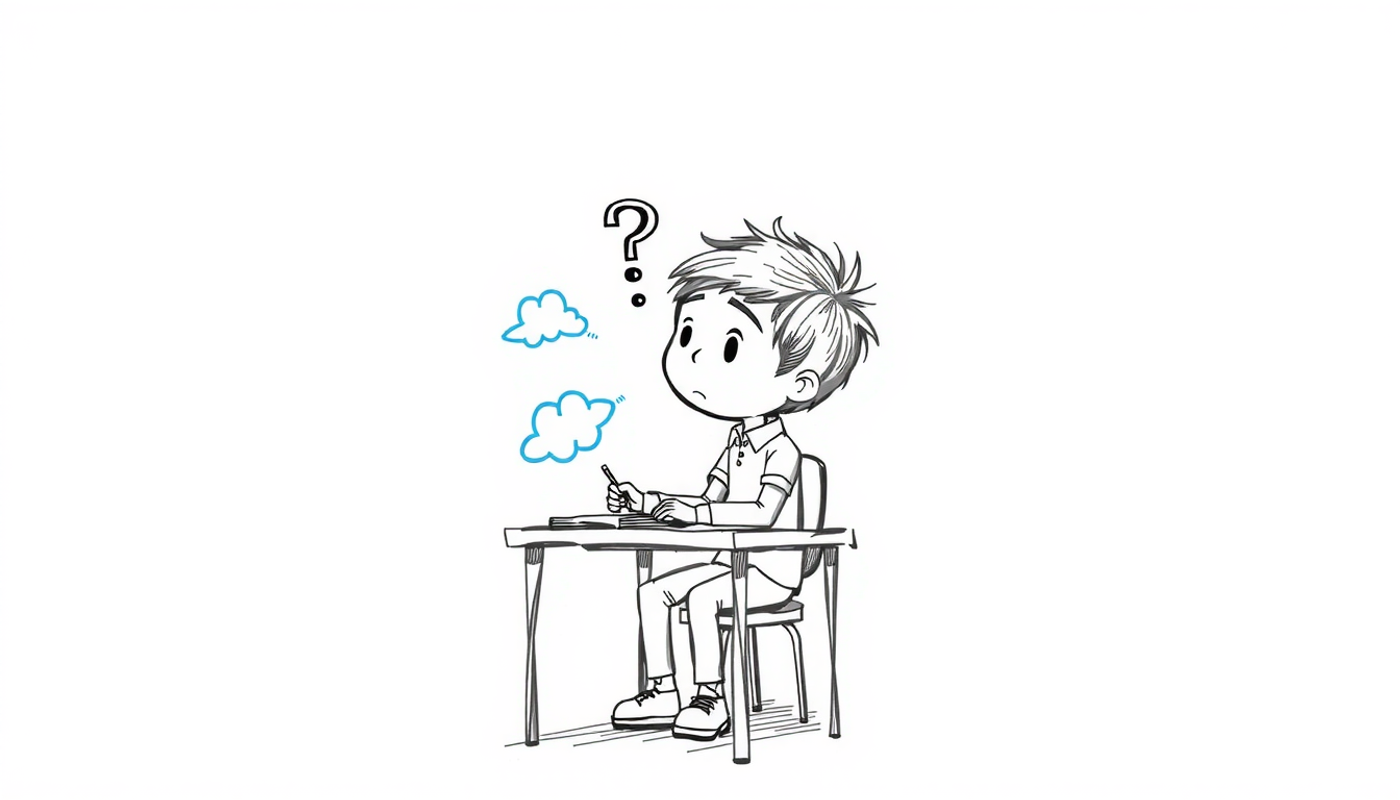 دانشجویی در حال مطالعه با افکار پراکنده به شکل ابرهای رنگی