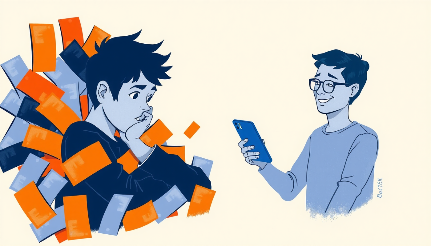 Frustrated student with messy flashcards vs. happy student using a sleek app.