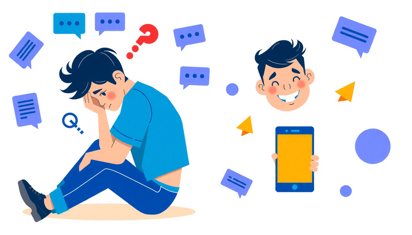 Confused student with fading text vs. happy student using flashcards.